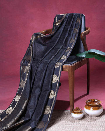 Elegant Semi Banarasi Saree with All over Silver Buti Motifs Pichwai Zari Woven Border - Black