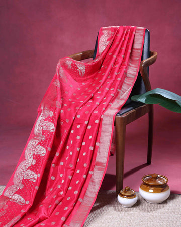 Elegant Semi Banarasi Saree with All over Silver Buti Motifs Pichwai Zari Woven Border - Red