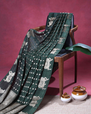 Elegant Semi Banarasi Saree with All over Silver Buti Motifs Pichwai Zari Woven Border - Bottle Green