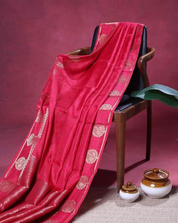 Classic Semi Banarasi Saree with All over Silver Buti Motifs Pichwai Zari Woven Border - Red