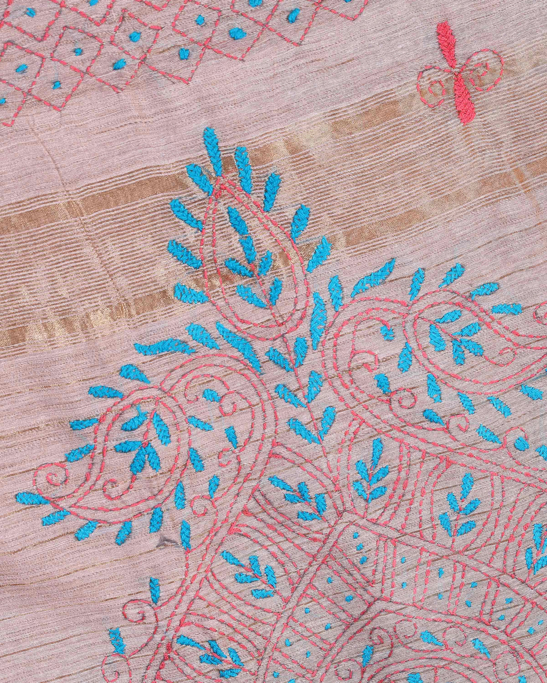 Elegant Kantha Hand Embroidered Saree with Intricate Floral Motif and Contrast Border - Light Brown