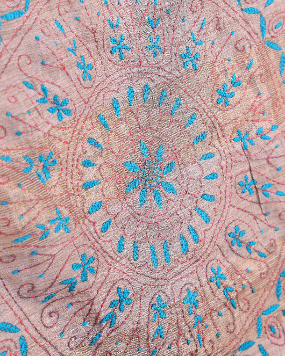 Elegant Kantha Hand Embroidered Saree with Intricate Floral Motif and Contrast Border - Light Brown