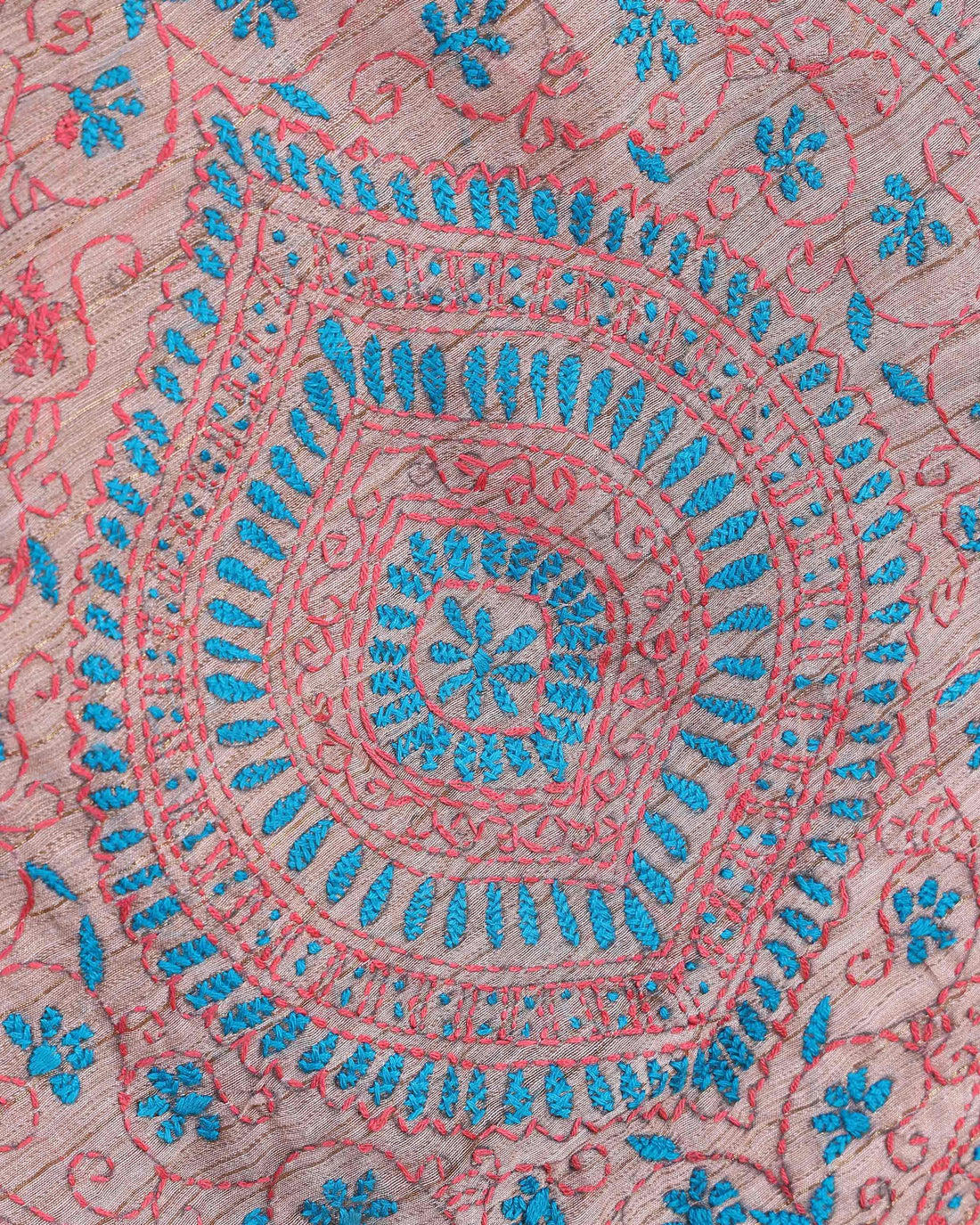 Elegant Kantha Hand Embroidered Saree with Intricate Floral Motif and Contrast Border - Light Brown