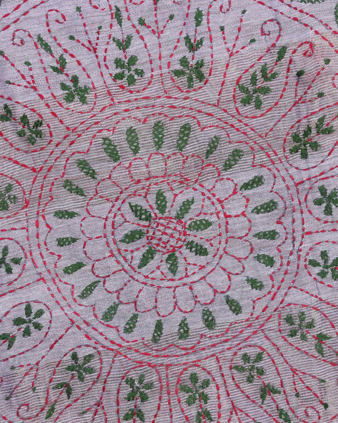 Elegant Kantha Hand Embroidered Saree with Intricate Floral Motif and Contrast Border - Light Grey