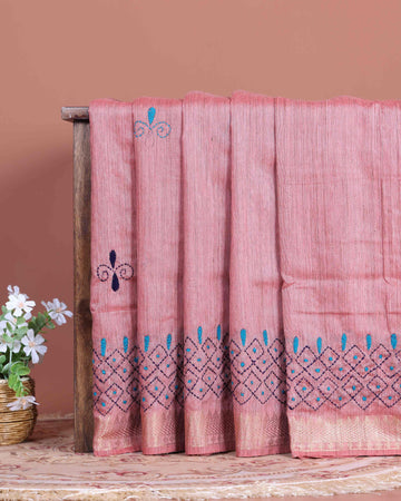 Elegant Kantha Hand Embroidered Saree with Intricate Floral Motif and Contrast Border - Dusty Pink