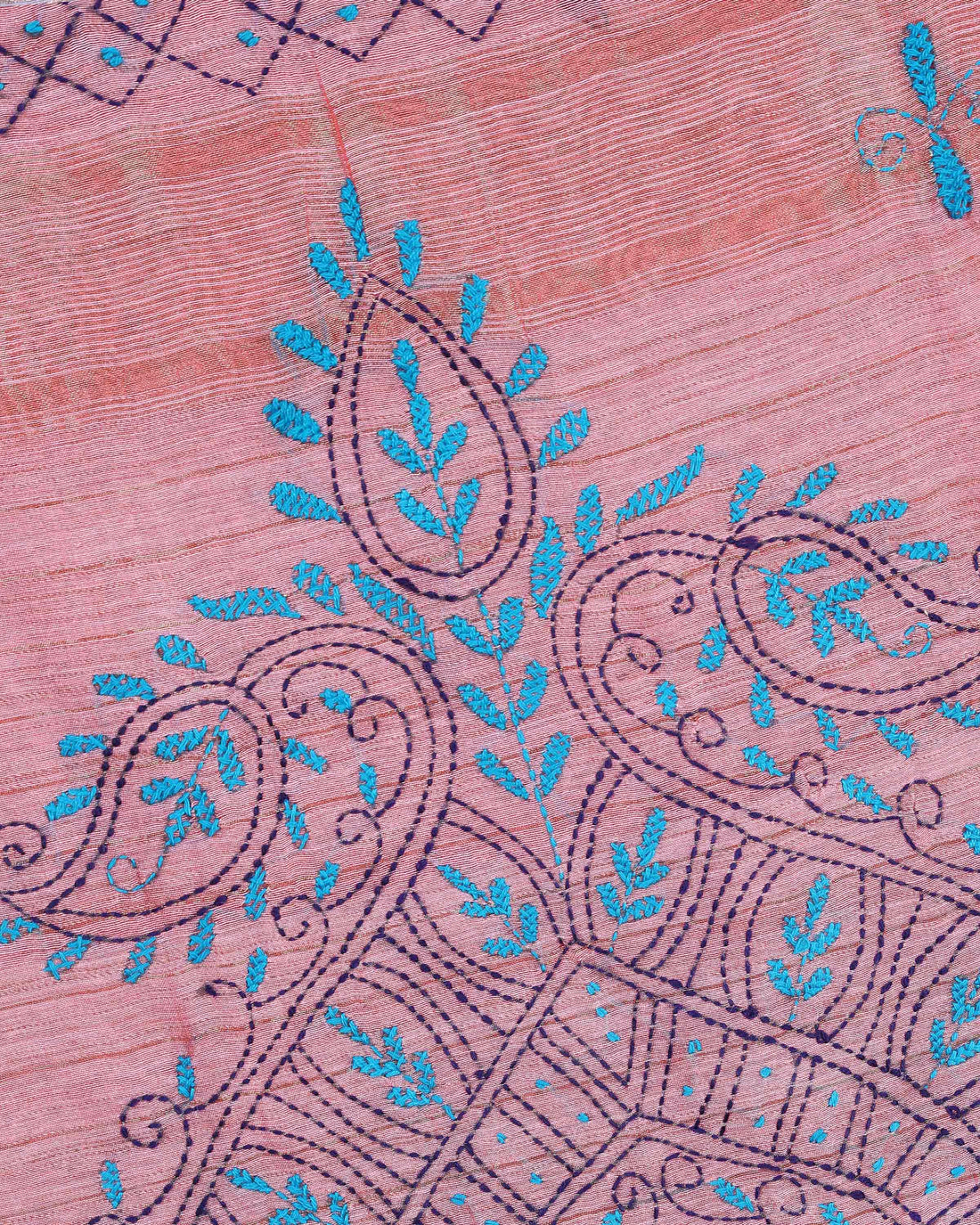 Elegant Kantha Hand Embroidered Saree with Intricate Floral Motif and Contrast Border - Dusty Pink