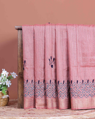 Elegant Kantha Hand Embroidered Saree with Intricate Floral Motif and Contrast Border - Dusty Pink
