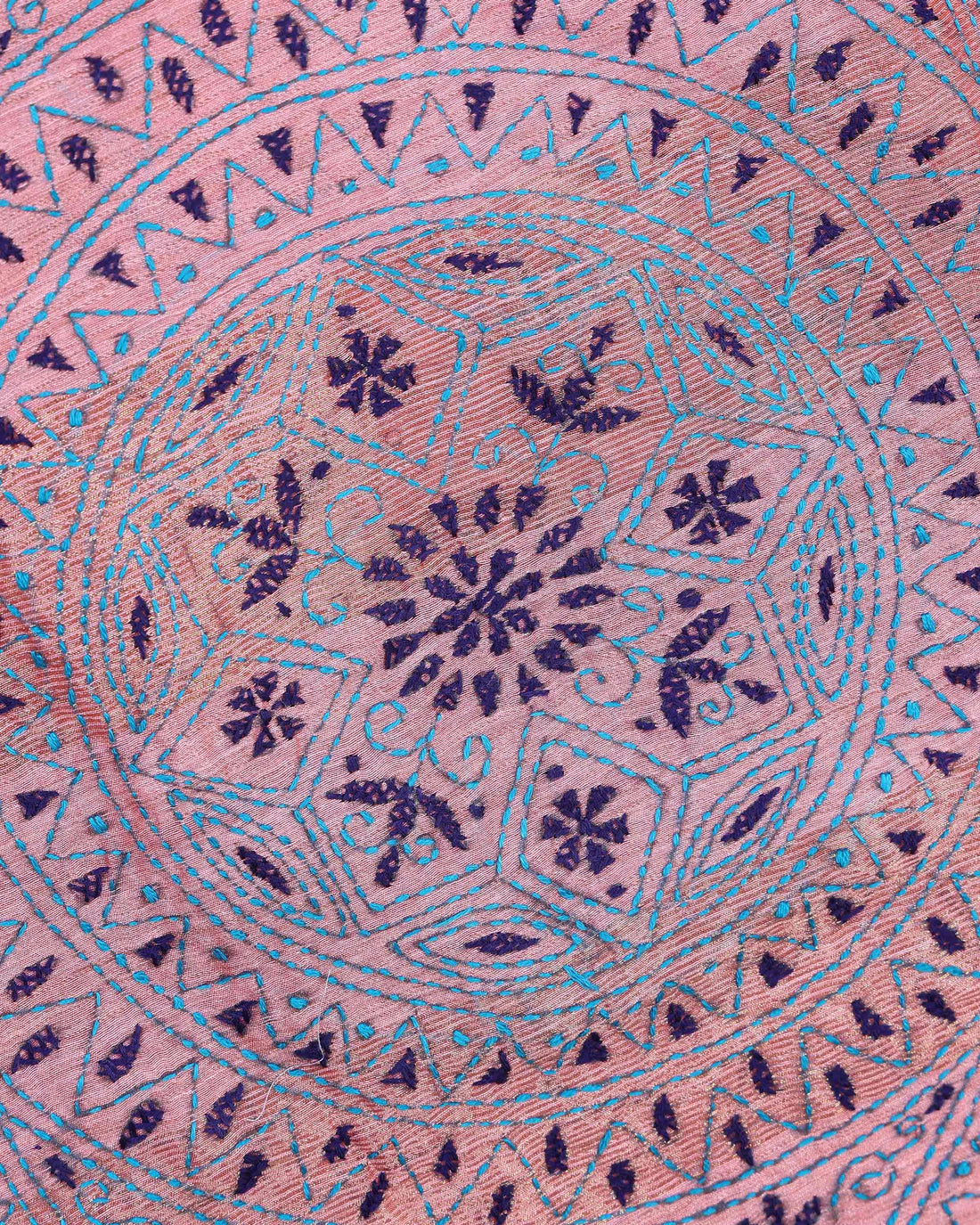 Elegant Kantha Hand Embroidered Saree with Intricate Floral Motif and Contrast Border - Dusty Pink