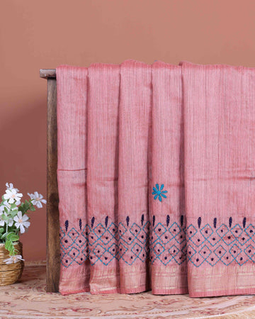 Elegant Kantha Hand Embroidered Saree with Intricate Floral Motif and Contrast Border - Dusty Pink