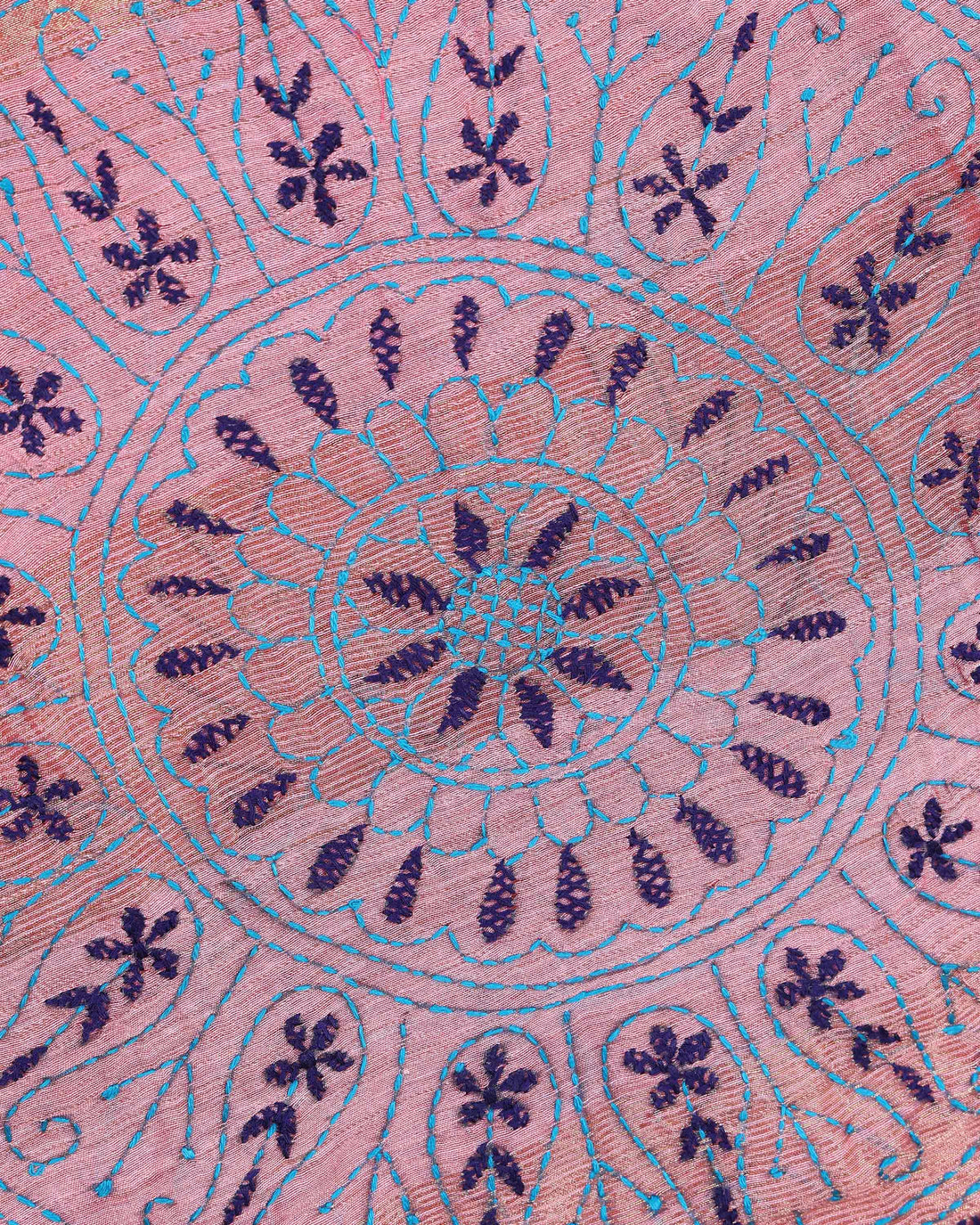 Elegant Kantha Hand Embroidered Saree with Intricate Floral Motif and Contrast Border - Dusty Pink