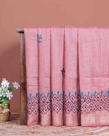 Elegant Kantha Hand Embroidered Saree with Intricate Floral Motif and Contrast Border - Dusty Pink