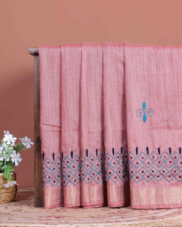 Elegant Kantha Hand Embroidered Saree with Intricate Floral Motif and Contrast Border - Dusty Pink