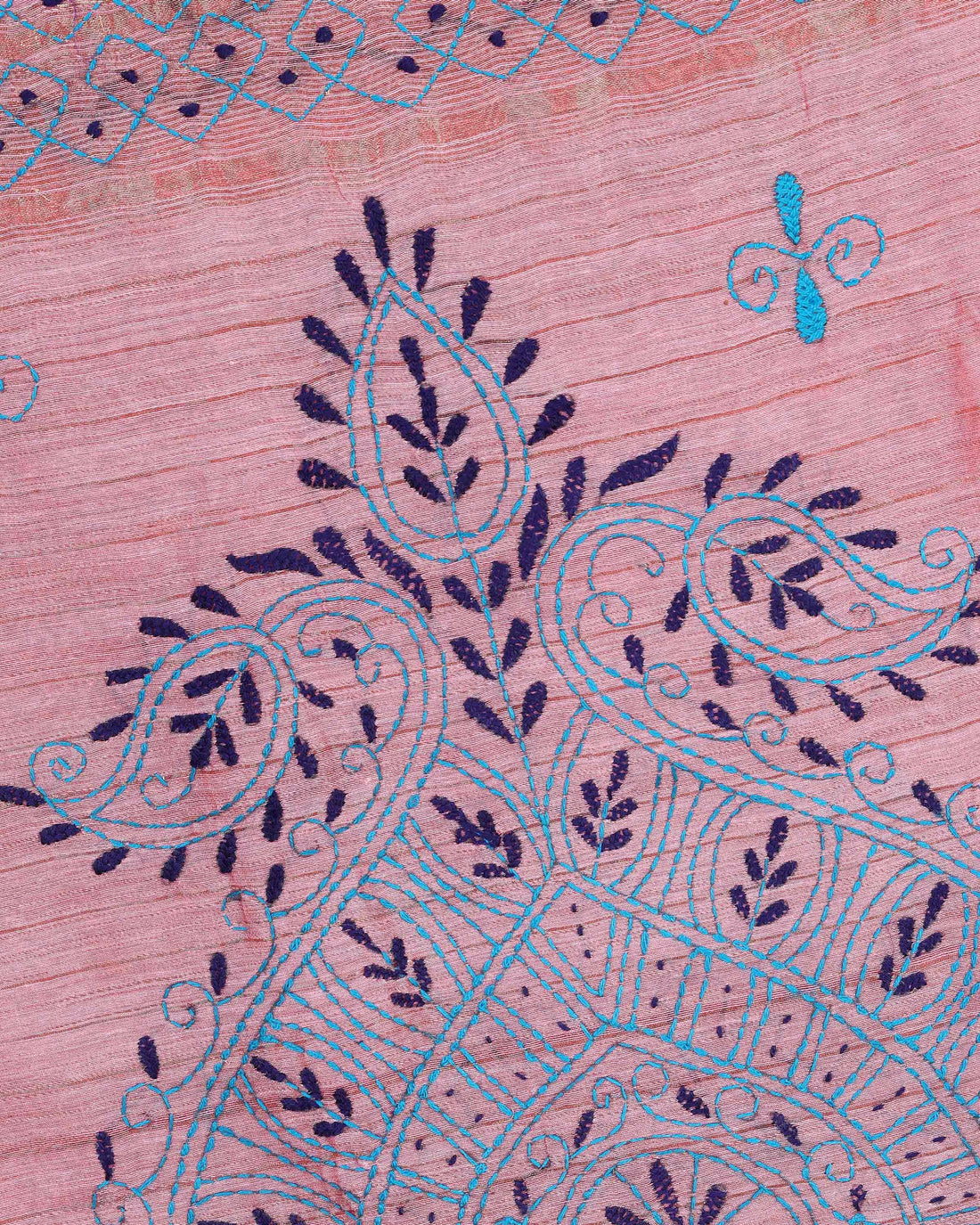Elegant Kantha Hand Embroidered Saree with Intricate Floral Motif and Contrast Border - Dusty Pink