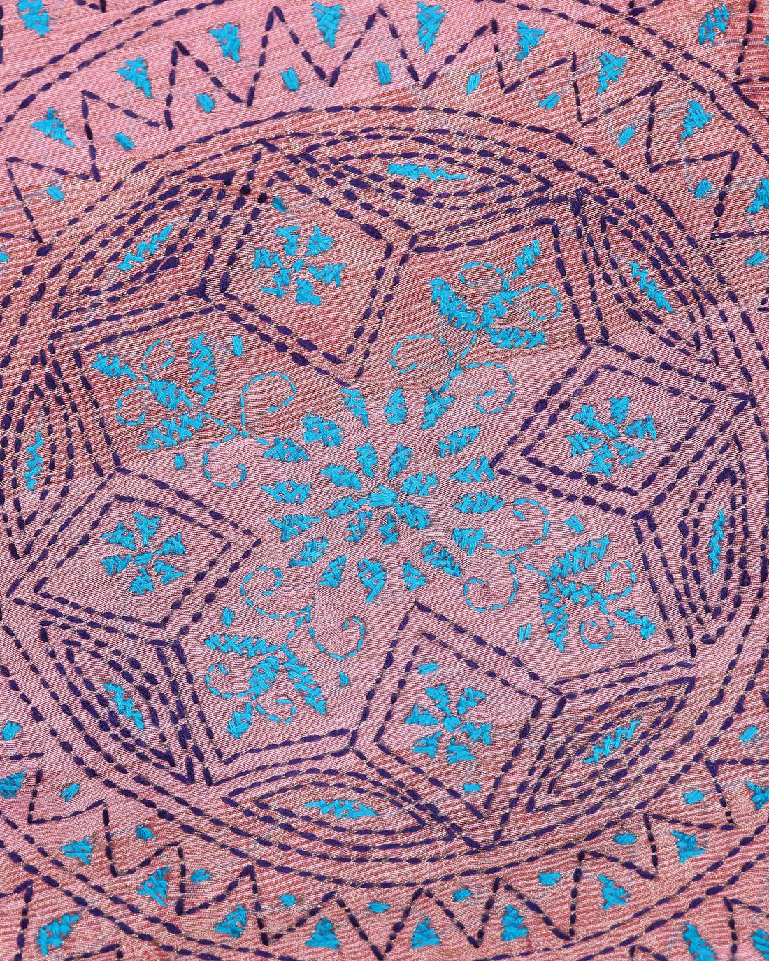 Elegant Kantha Hand Embroidered Saree with Intricate Floral Motif and Contrast Border - Dusty Pink