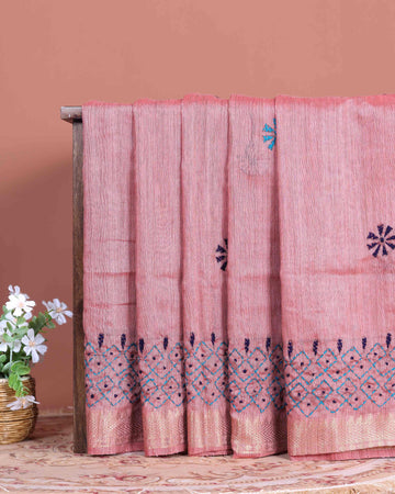 Elegant Kantha Hand Embroidered Saree with Intricate Floral Motif and Contrast Border - Dusty Pink