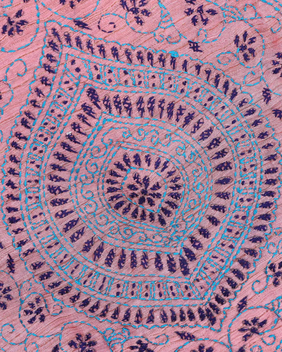 Elegant Kantha Hand Embroidered Saree with Intricate Floral Motif and Contrast Border - Dusty Pink