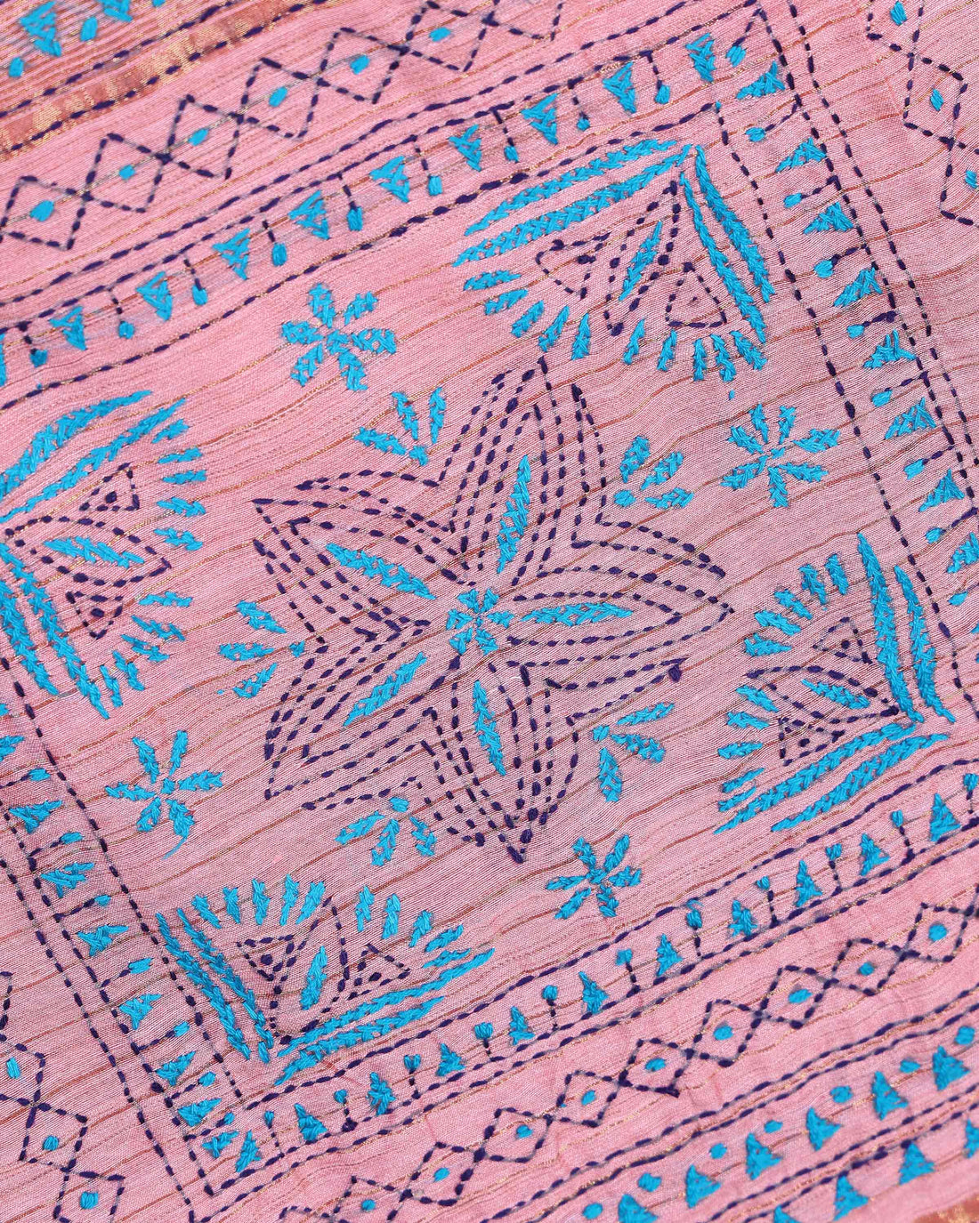 Elegant Kantha Hand Embroidered Saree with Intricate Floral Motif and Contrast Border - Dusty Pink