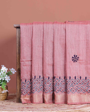 Elegant Kantha Hand Embroidered Saree with Intricate Floral Motif and Contrast Border - Dusty Pink