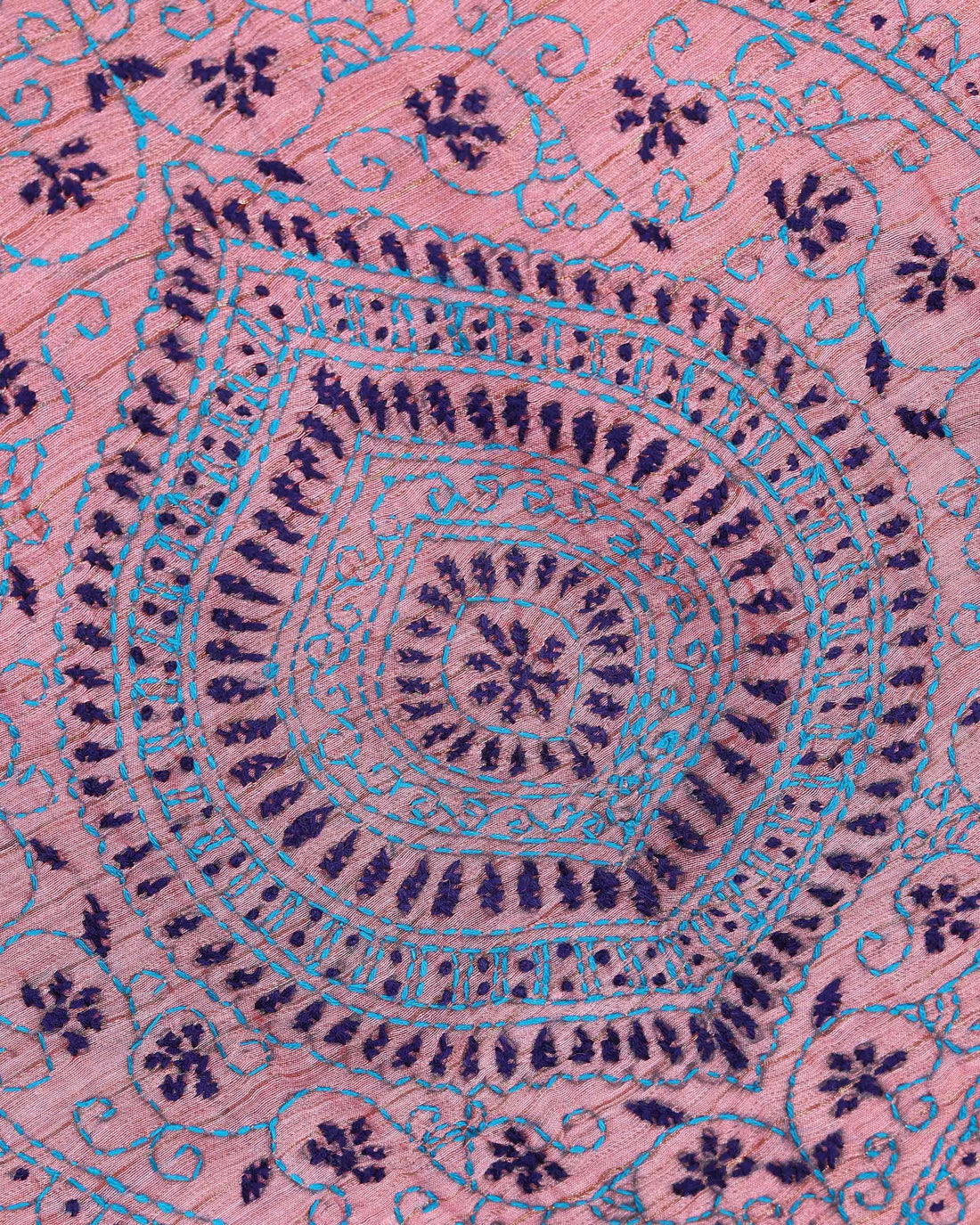 Elegant Kantha Hand Embroidered Saree with Intricate Floral Motif and Contrast Border - Dusty Pink