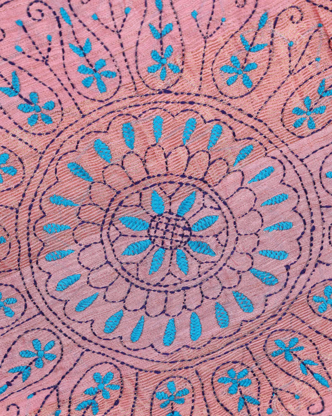 Elegant Kantha Hand Embroidered Saree with Intricate Floral Motif and Contrast Border - Dusty Pink