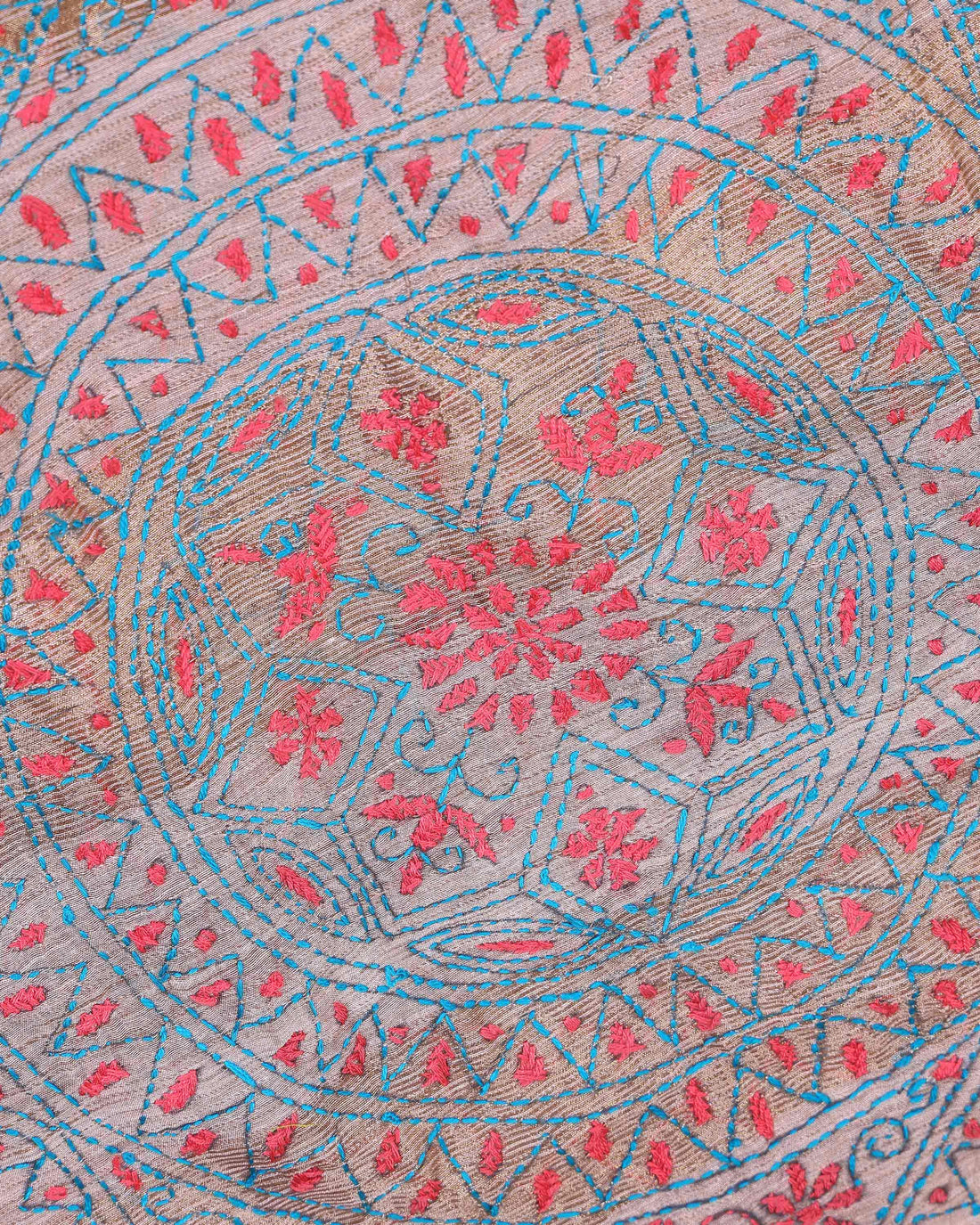 Elegant Kantha Hand Embroidered Saree with Intricate Floral Motif and Contrast Border - Light Brown