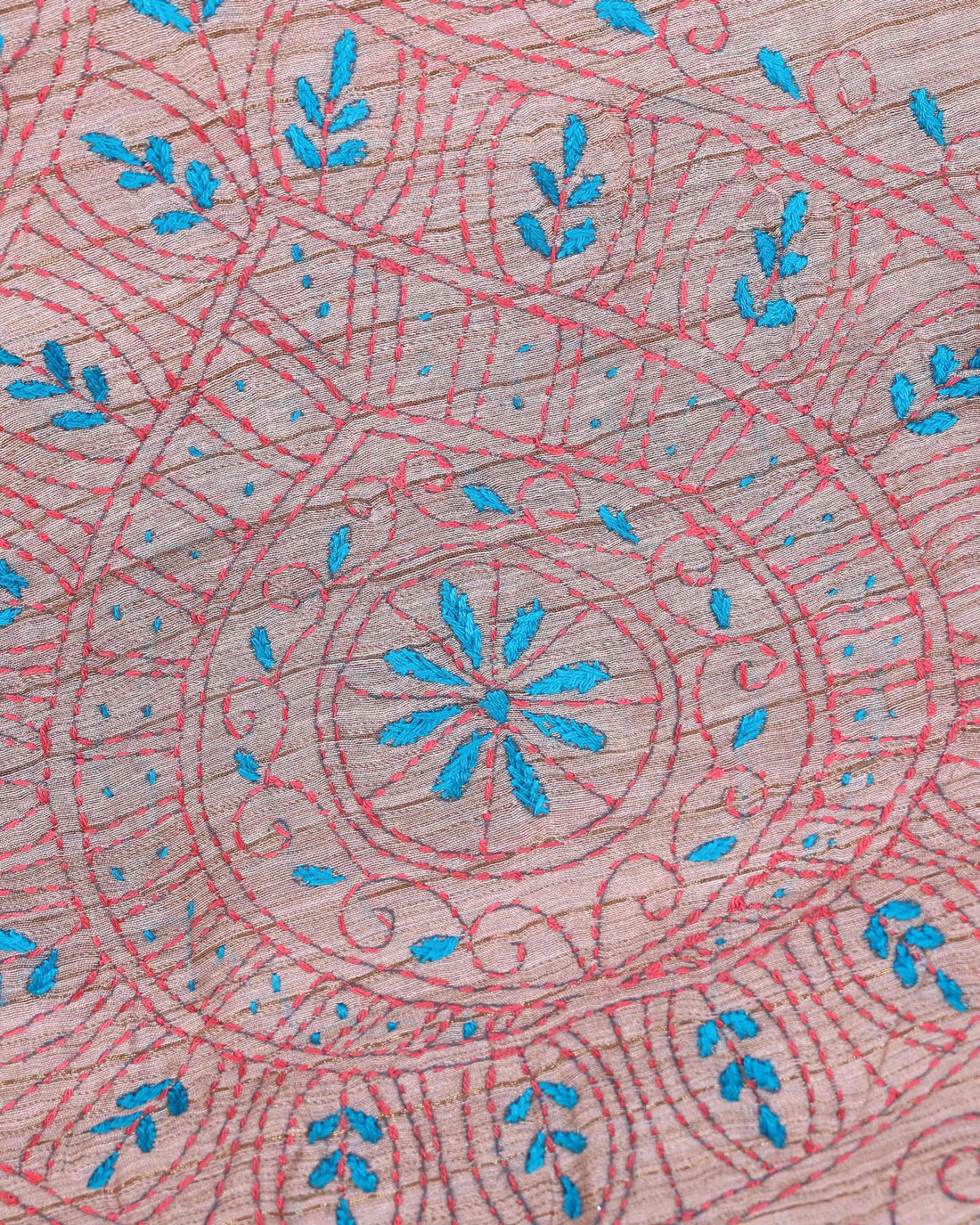 Elegant Kantha Hand Embroidered Saree with Intricate Floral Motif and Contrast Border - Light Brown