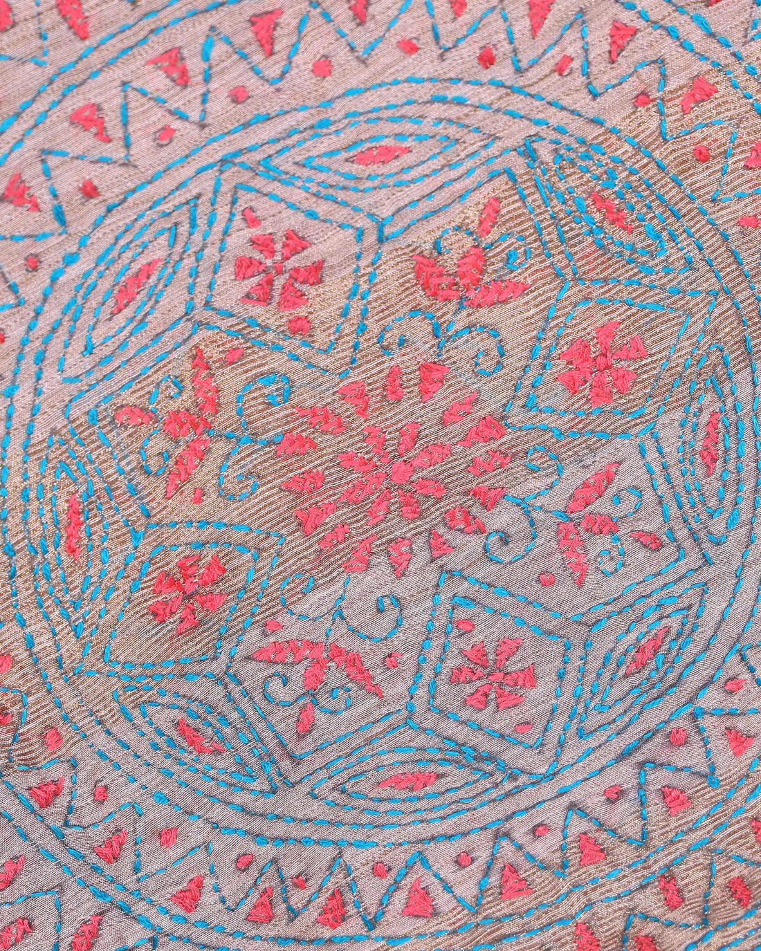 Elegant Kantha Hand Embroidered Saree with Intricate Floral Motif and Contrast Border - Light Brown