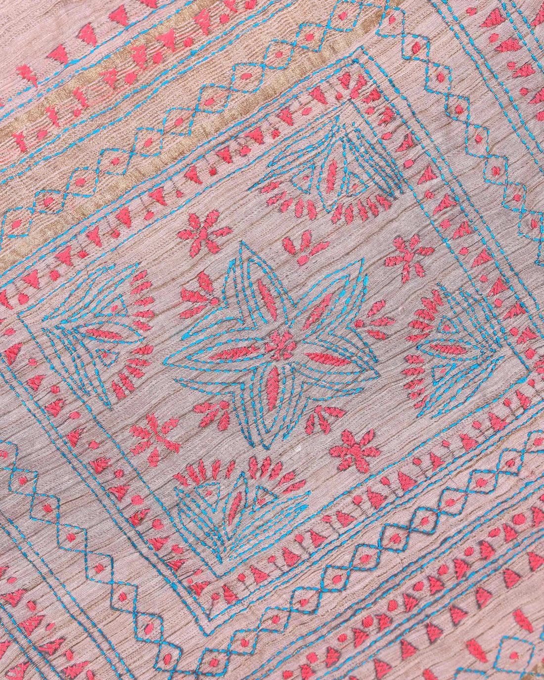 Elegant Kantha Hand Embroidered Saree with Intricate Floral Motif and Contrast Border - Light Brown