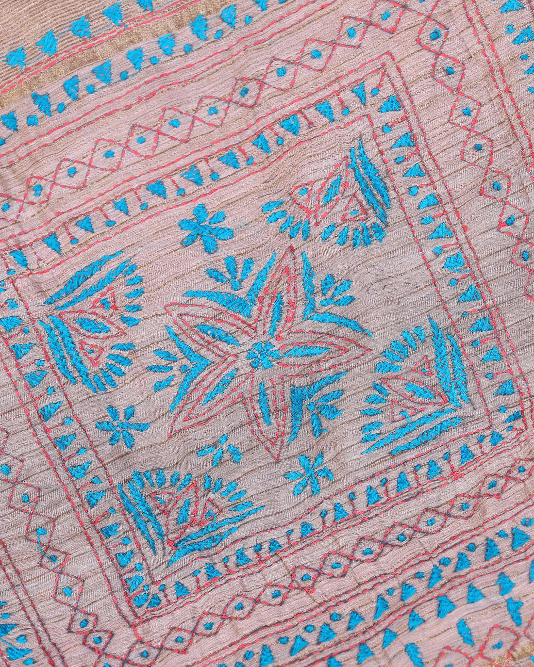 Elegant Kantha Hand Embroidered Saree with Intricate Floral Motif and Contrast Border - Light Brown