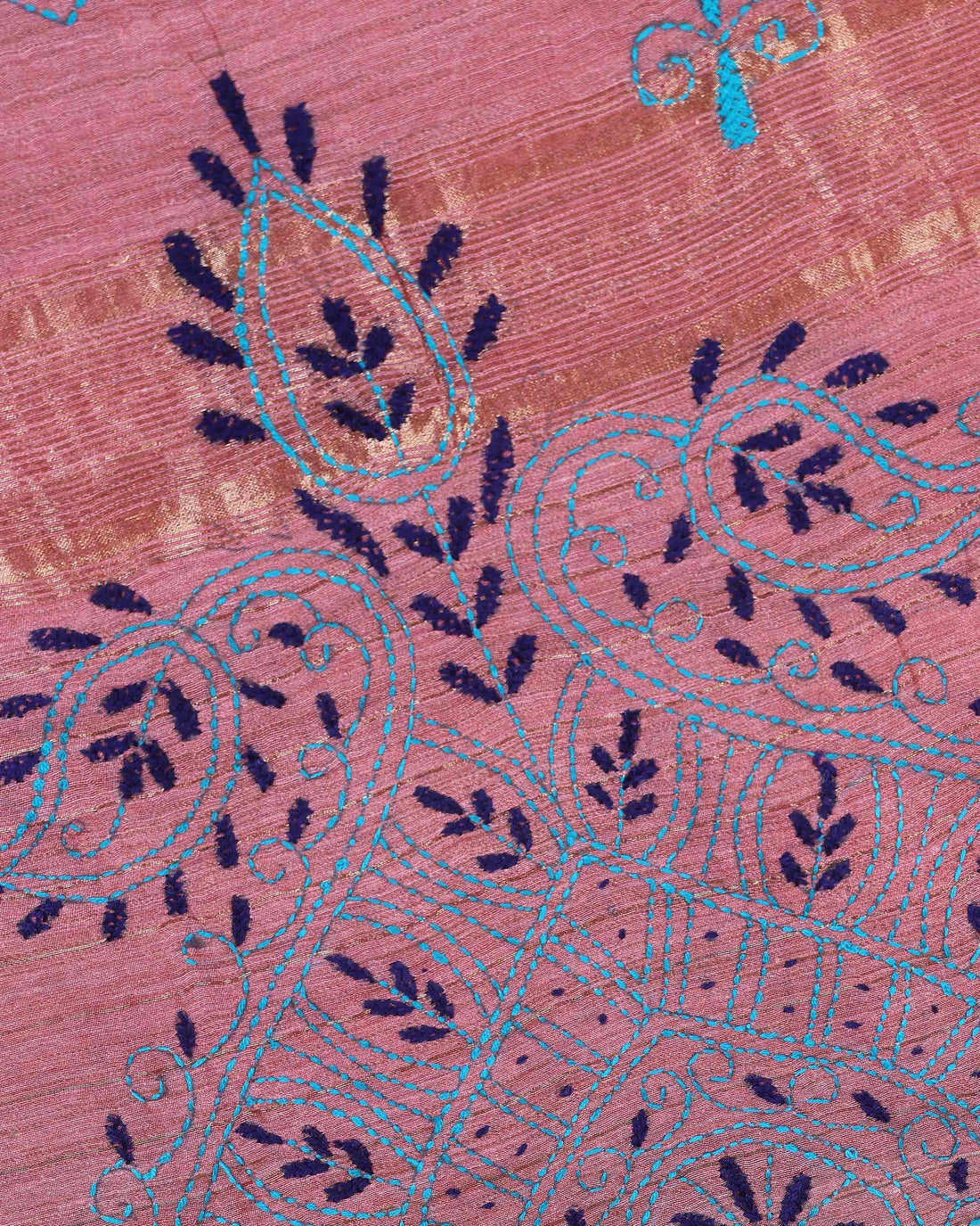 Elegant Kantha Hand Embroidered Saree with Intricate Floral Motif and Contrast Border - Dusty Rose