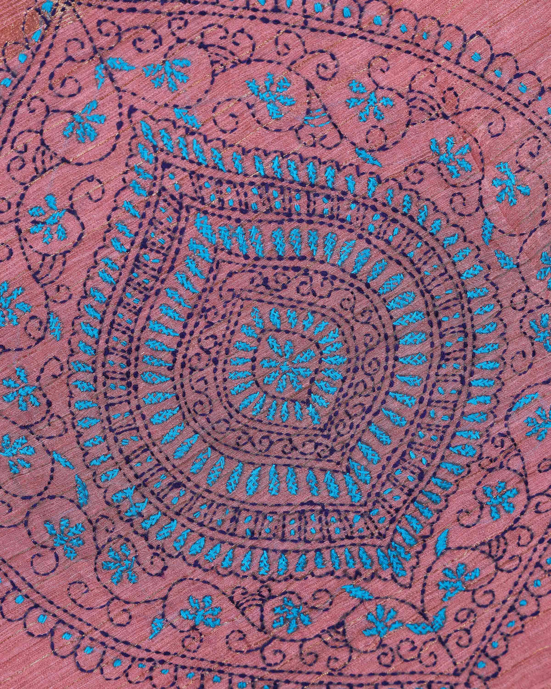 Elegant Kantha Hand Embroidered Saree with Intricate Floral Motif and Contrast Border - Dusty Rose