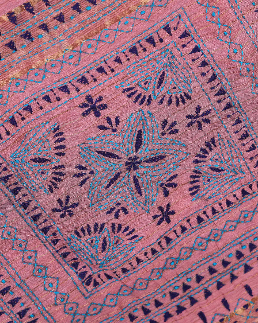 Elegant Kantha Hand Embroidered Saree with Intricate Floral Motif and Contrast Border - Dusty Rose