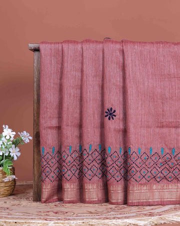 Elegant Kantha Hand Embroidered Saree with Intricate Floral Motif and Contrast Border - Dusty Rose