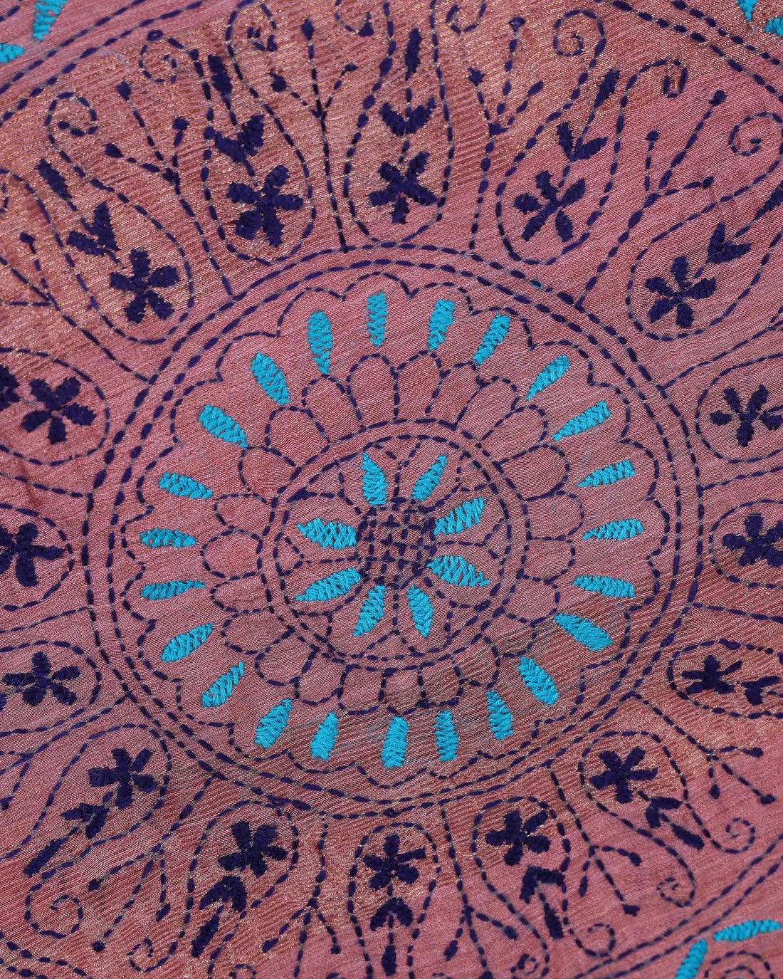 Elegant Kantha Hand Embroidered Saree with Intricate Floral Motif and Contrast Border - Dusty Rose