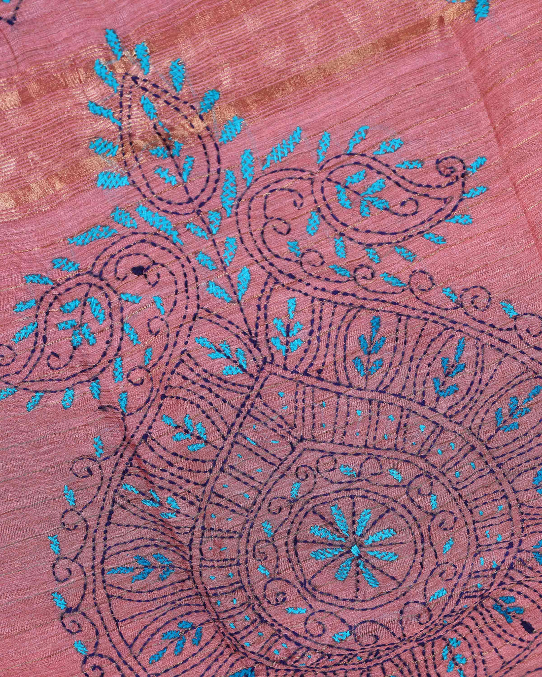 Elegant Kantha Hand Embroidered Saree with Intricate Floral Motif and Contrast Border - Dusty Rose