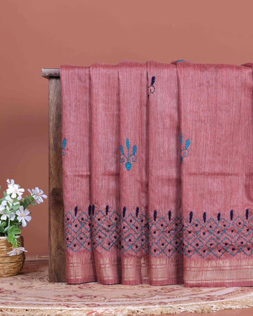 Elegant Kantha Hand Embroidered Saree with Intricate Floral Motif and Contrast Border - Dusty Rose