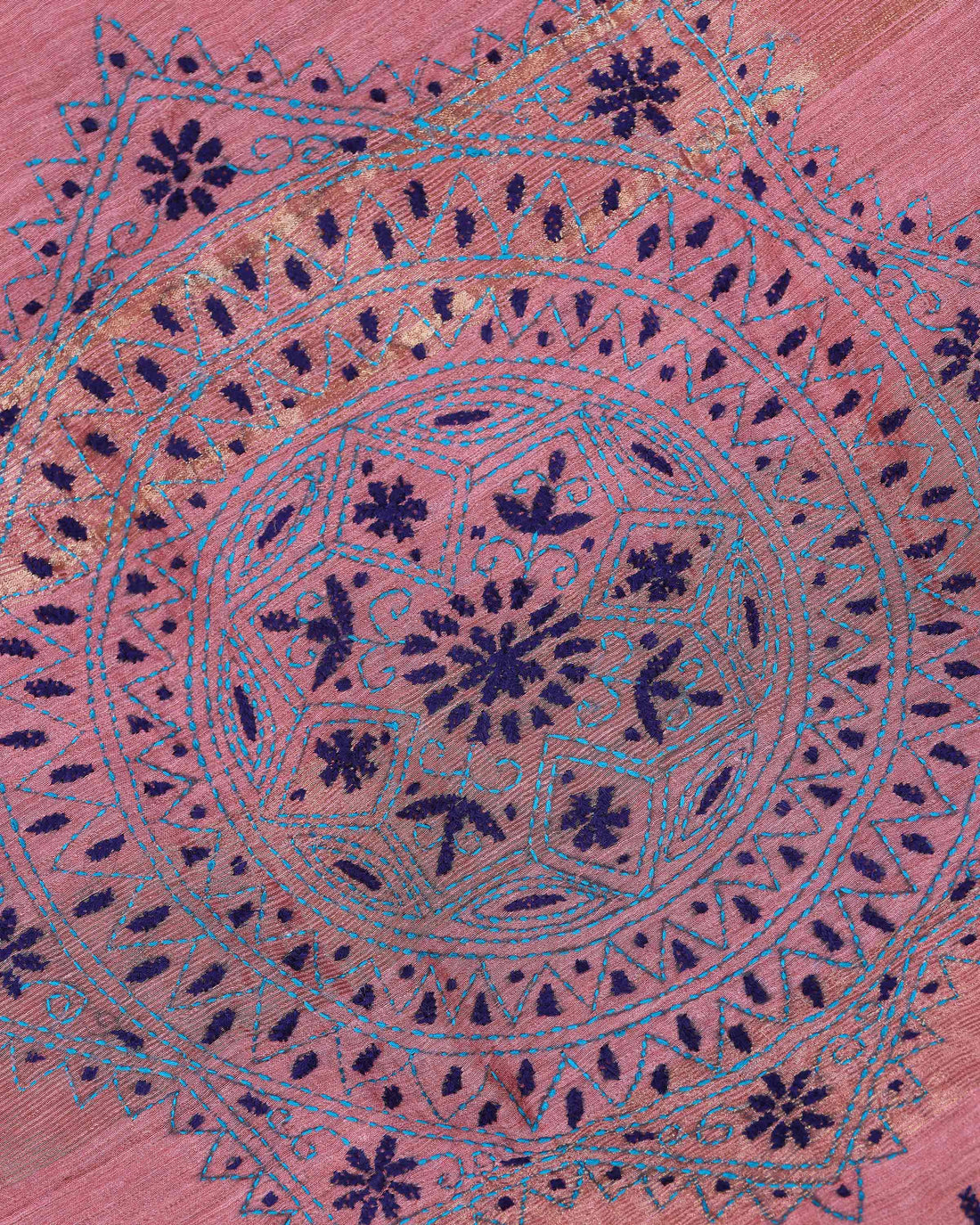 Elegant Kantha Hand Embroidered Saree with Intricate Floral Motif and Contrast Border - Dusty Rose