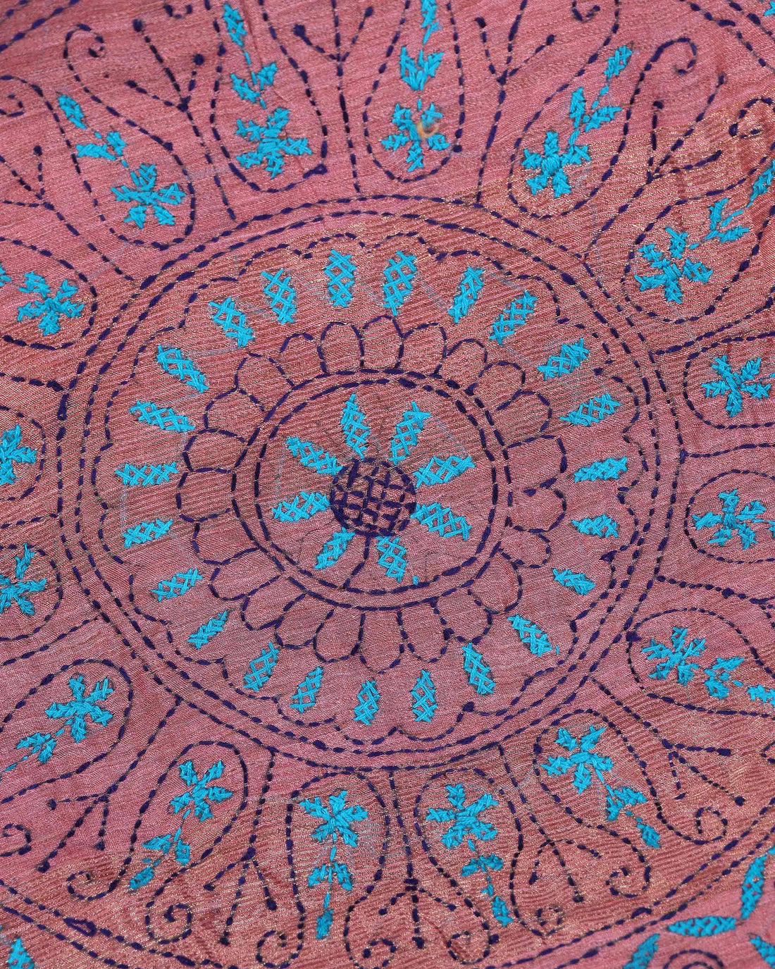 Elegant Kantha Hand Embroidered Saree with Intricate Floral Motif and Contrast Border - Dusty Rose