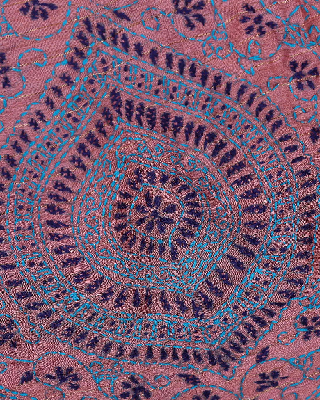 Elegant Kantha Hand Embroidered Saree with Intricate Floral Motif and Contrast Border - Dusty Rose