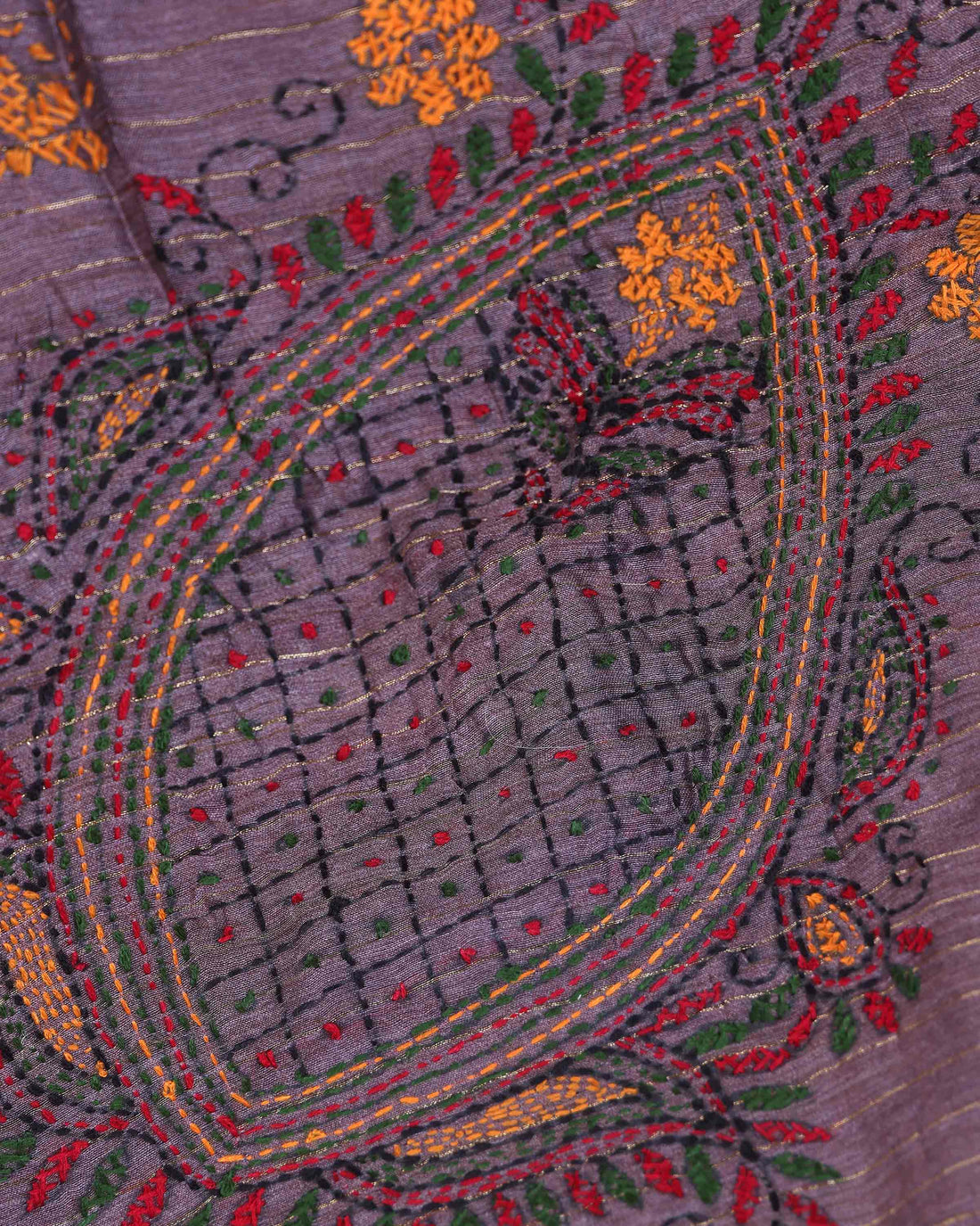 Elegant Kantha Hand Embroidered Saree with Traditional Floral Motifs and Woven Contrast Border - Charcoal