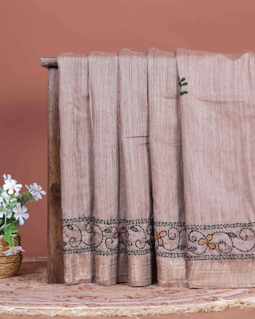 Elegant Kantha Hand Embroidered Saree with Traditional Floral Motifs and Woven Contrast Border - Light Brown