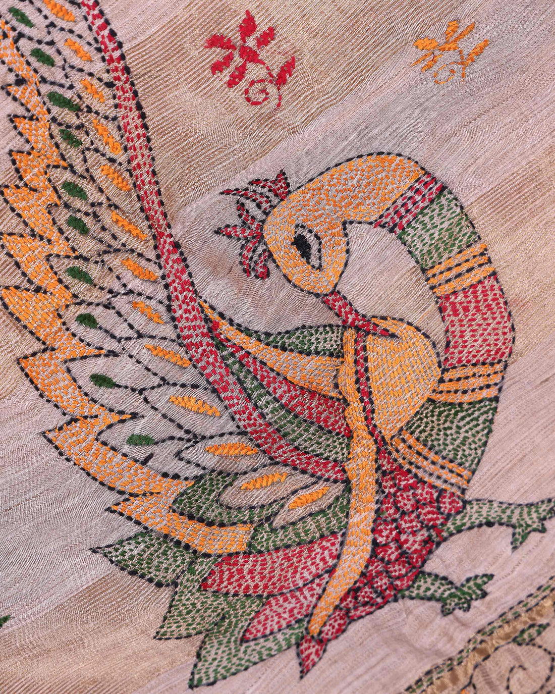 Elegant Kantha Hand Embroidered Saree with Traditional Floral Motifs and Woven Contrast Border - Light Brown