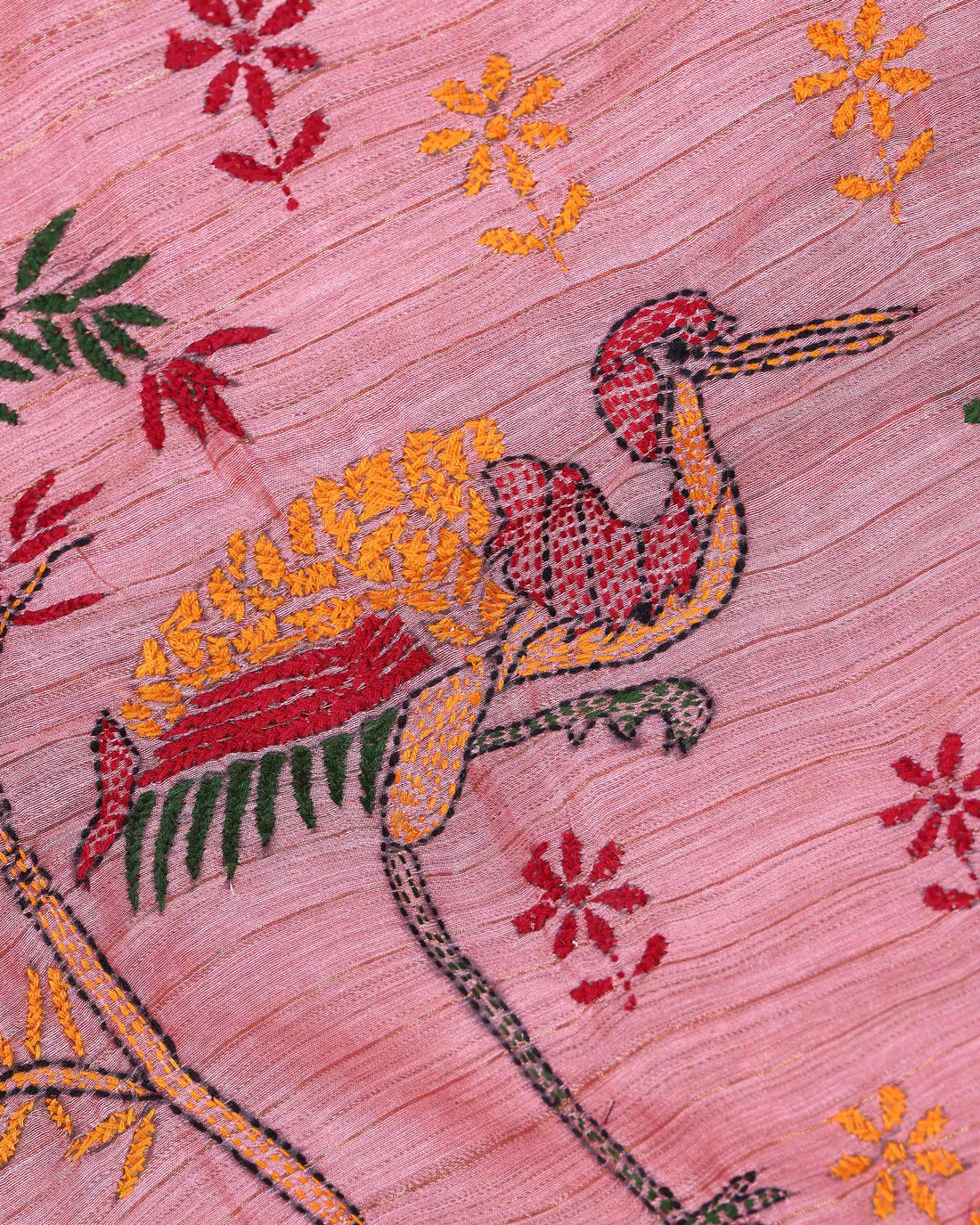 Elegant Kantha Hand Embroidered Saree with Traditional Floral Motifs and Woven Contrast Border - Pink