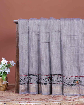 Elegant Kantha Hand Embroidered Saree with Traditional Floral Motifs and Woven Contrast Border - Light Grey