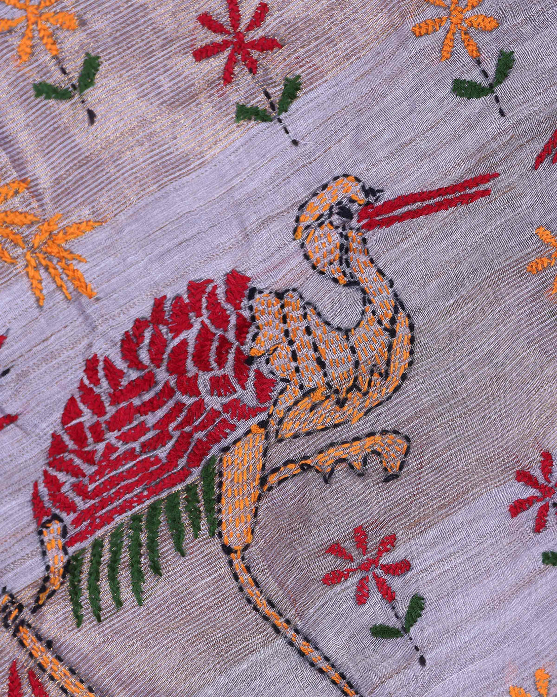 Elegant Kantha Hand Embroidered Saree with Traditional Floral Motifs and Woven Contrast Border - Light Grey