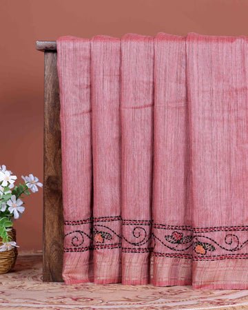 Elegant Kantha Hand Embroidered Saree with Traditional Floral Motifs and Woven Contrast Border - Dusty Pink