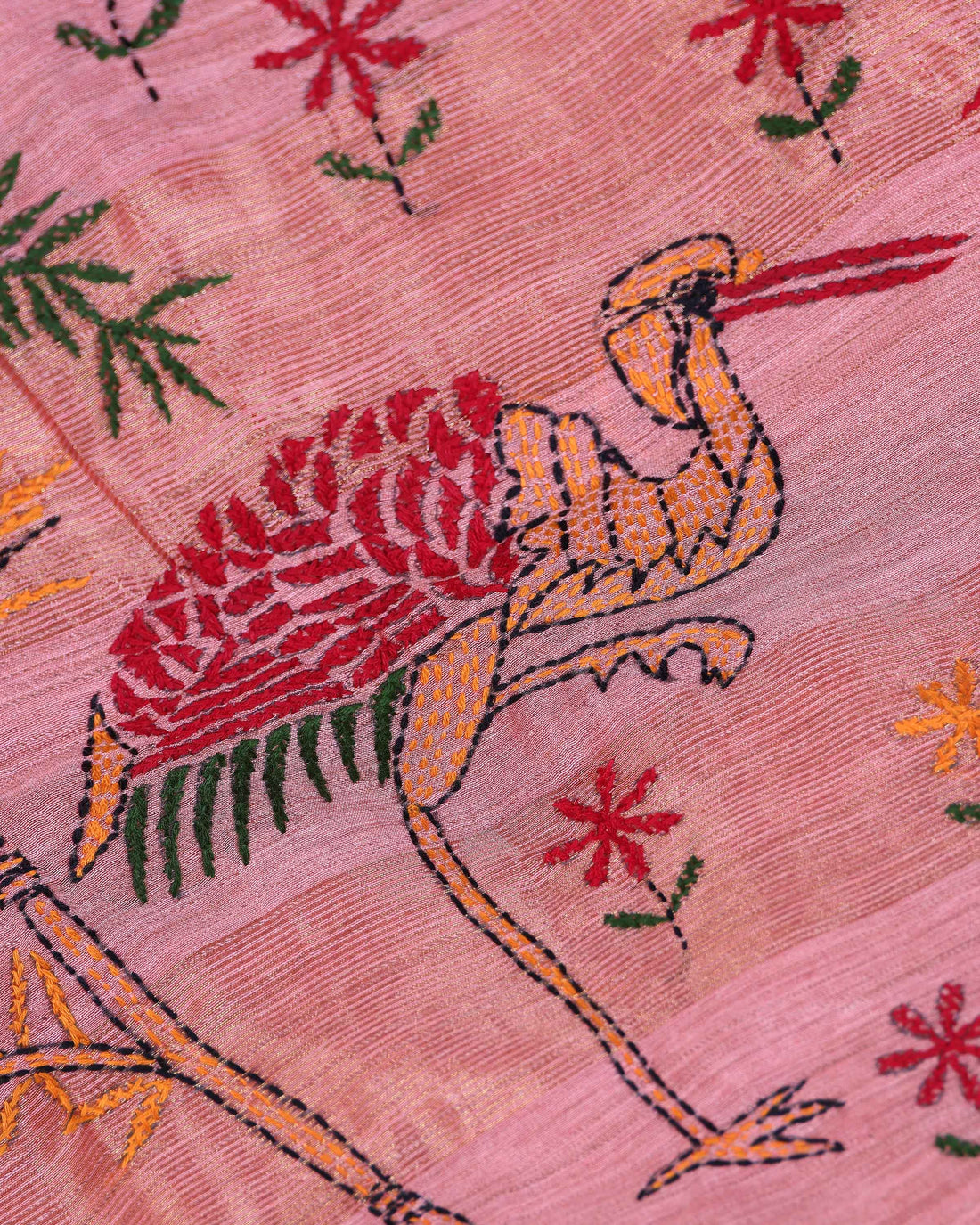 Elegant Kantha Hand Embroidered Saree with Traditional Floral Motifs and Woven Contrast Border - Dusty Pink