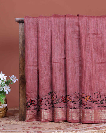 Elegant Kantha Hand Embroidered Saree with Traditional Floral Motifs and Woven Contrast Border - Dusty Pink