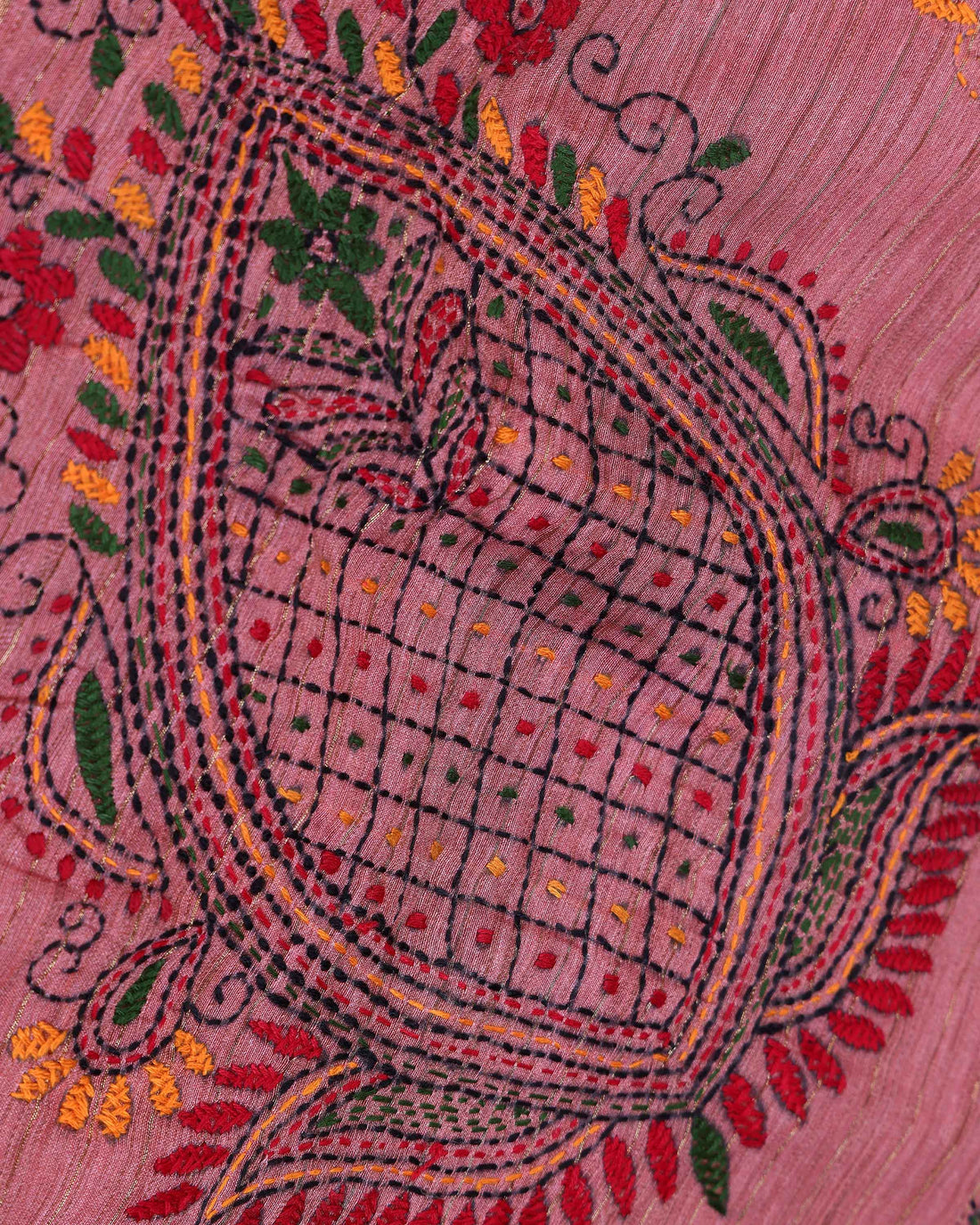 Elegant Kantha Hand Embroidered Saree with Traditional Floral Motifs and Woven Contrast Border - Dusty Pink