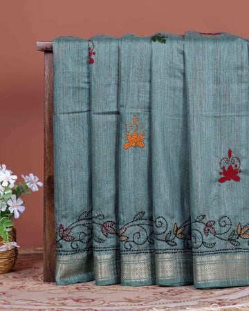 Elegant Kantha Hand Embroidered Saree with Traditional Floral Motifs and Woven Contrast Border - Teal Green